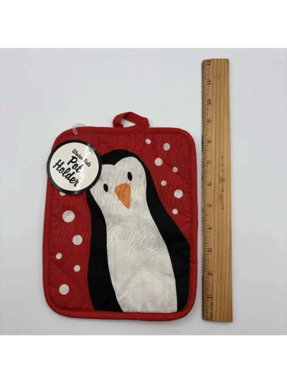 Winter Penguin Pot Holder Square Red White Black Christmas Holiday Decor Hanging